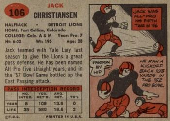 1957 Topps #106 Jack Christiansen Back
