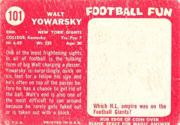 1958 Topps #101 Walt Yowarsky Back