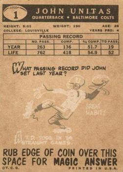 1959 Topps #1 Johnny Unitas Back