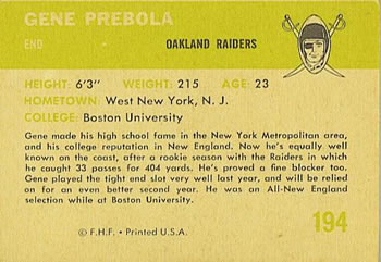 1961 Fleer #194 Gene Prebola Back