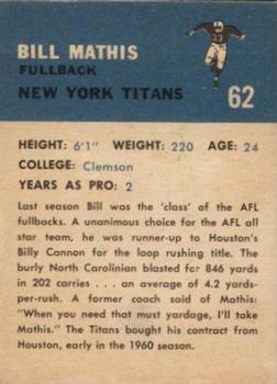 1962 Fleer #62 Bill Mathis Back