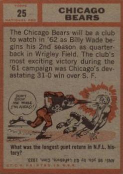 1962 Topps #25 Chicago Bears Back