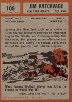 1962 Topps #109 Jim Katcavage Back