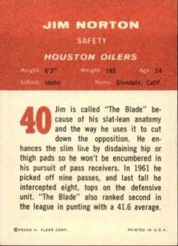 1963 Fleer #40 Jim Norton Back
