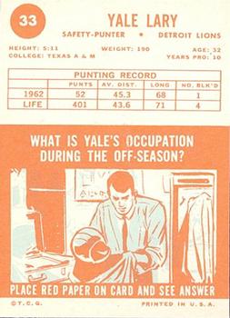 1963 Topps #33 Yale Lary Back