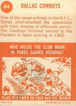 1963 Topps #84 Dallas Cowboys Back