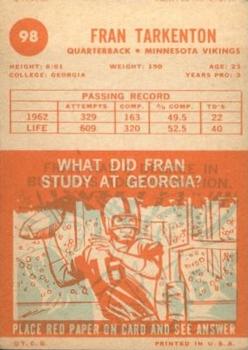 1963 Topps #98 Fran Tarkenton Back
