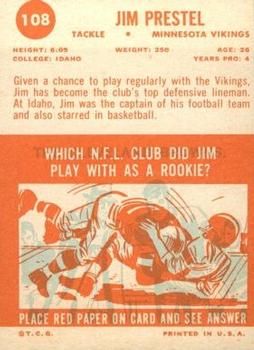 1963 Topps #108 Jim Prestel Back