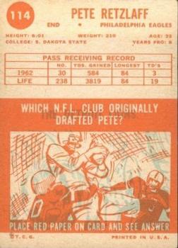 1963 Topps #114 Pete Retzlaff Back