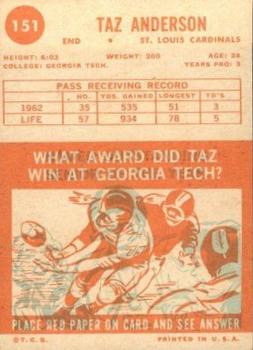 1963 Topps #151 Taz Anderson Back