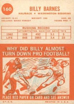 1963 Topps #160 Billy Barnes Back