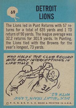 1964 Philadelphia #69 Detroit Lions Back