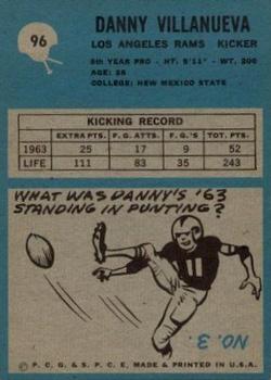 1964 Philadelphia #96 Danny Villanueva Back