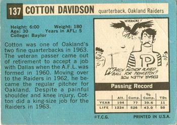 1964 Topps #137 Cotton Davidson Back