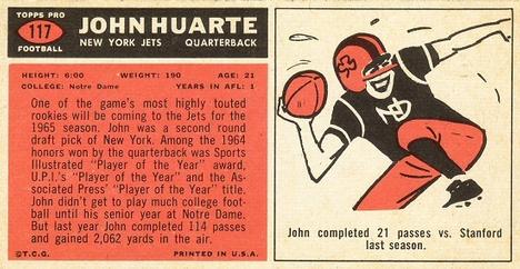 1965 Topps #117 John Huarte Back