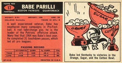 1965 Topps #17 Babe Parilli Back