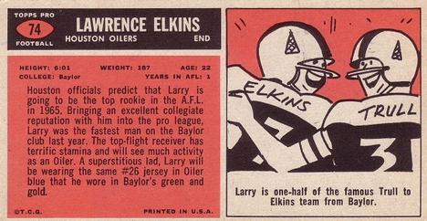1965 Topps #74 Larry Elkins Back