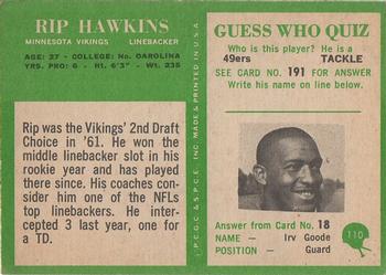1966 Philadelphia #110 Rip Hawkins Back