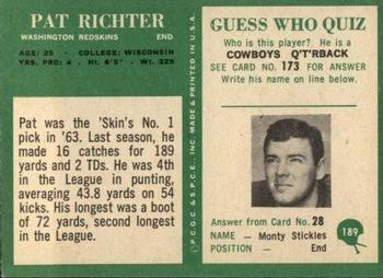 1966 Philadelphia #189 Pat Richter Back