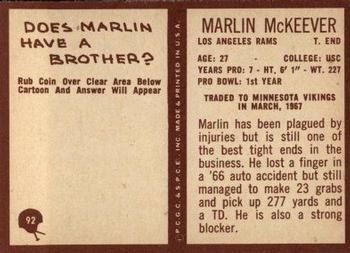 1967 Philadelphia #92 Marlin McKeever Back