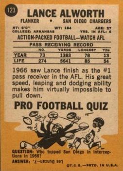 1967 Topps #123 Lance Alworth Back