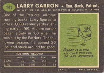 1969 Topps #141 Larry Garron Back