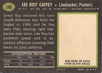 1969 Topps #146 Lee Roy Caffey Back