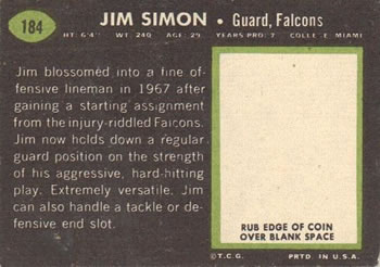 1969 Topps #184 Jim Simon Back