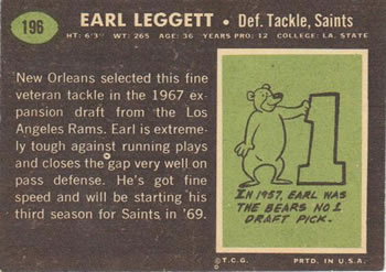 1969 Topps #196 Earl Leggett Back