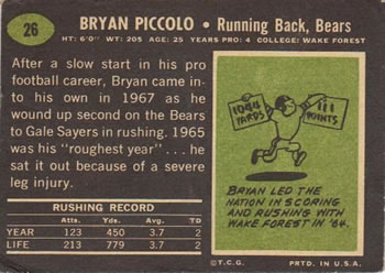 1969 Topps #26 Brian Piccolo Back