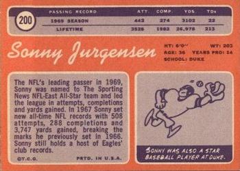 1970 Topps #200 Sonny Jurgensen Back