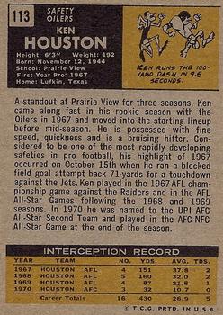 1971 Topps #113 Ken Houston Back