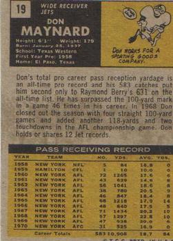 1971 Topps #19 Don Maynard Back