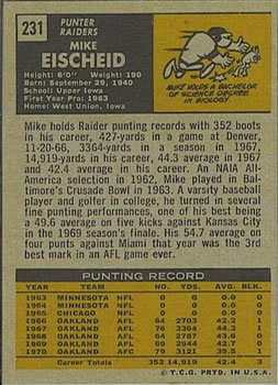 1971 Topps #231 Mike Eischeid Back