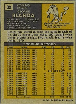 1971 Topps #39 George Blanda Back