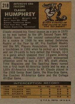 1971 Topps #218 Claude Humphrey Back