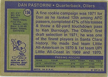 1972 Topps #156 Dan Pastorini Back