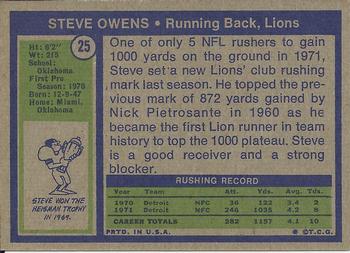 1972 Topps #25 Steve Owens Back