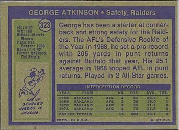 1972 Topps #323 George Atkinson Back