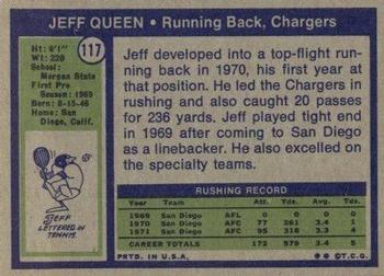 1972 Topps #117 Jeff Queen Back