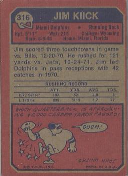 1973 Topps #316 Jim Kiick Back