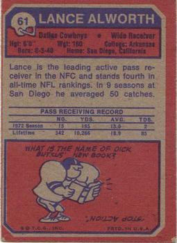 1973 Topps #61 Lance Alworth Back