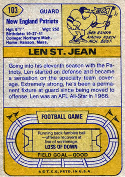 1974 Topps #103 Len St. Jean Back