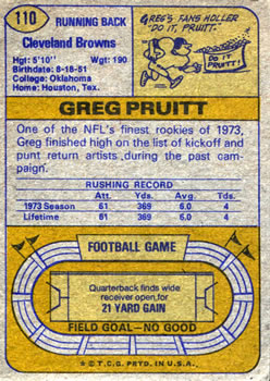 1974 Topps #110 Greg Pruitt Back