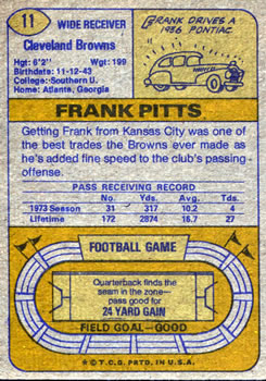 1974 Topps #11 Frank Pitts Back