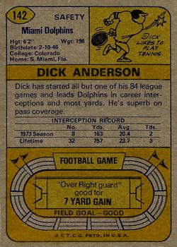 1974 Topps #142 Dick Anderson Back