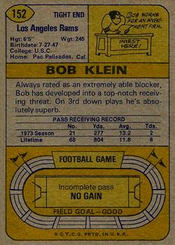 1974 Topps #152 Bob Klein Back