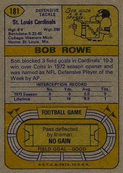 1974 Topps #181 Bob Rowe Back