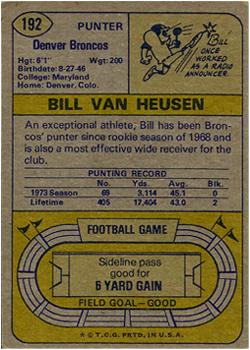 1974 Topps #192 Bill Van Heusen Back