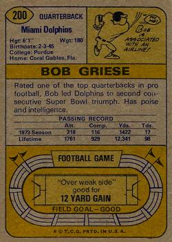1974 Topps #200 Bob Griese Back